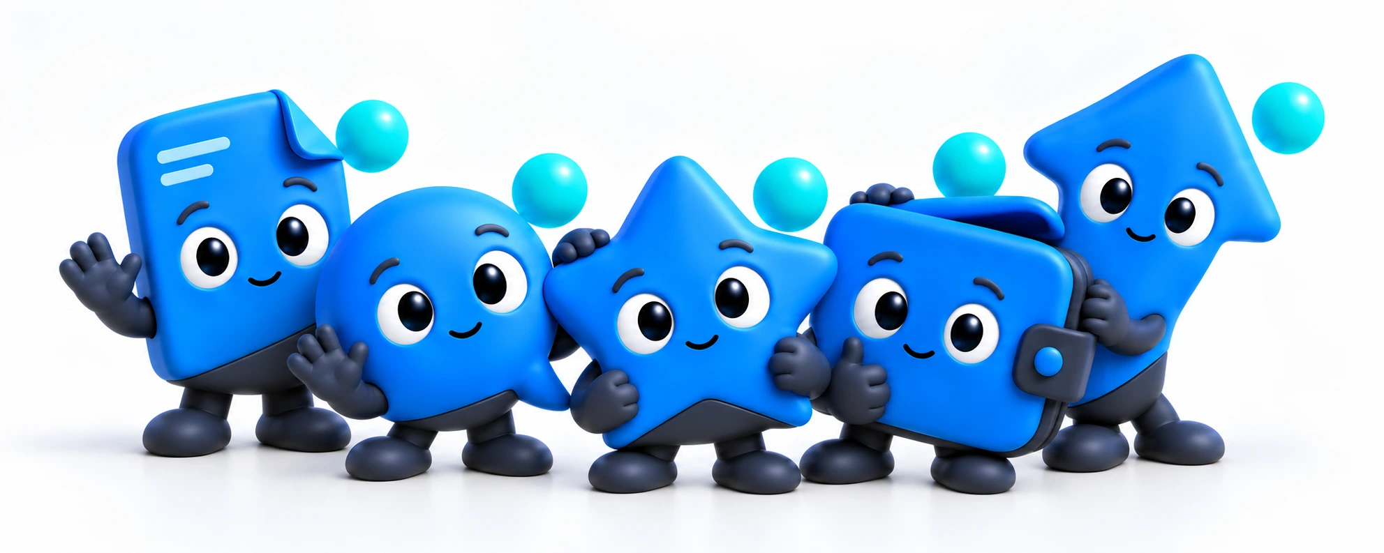 Five blue PAIR department mascots leaning together for a team photo: a report page, a chat bubble, a star, a wallet and an upward arrow.